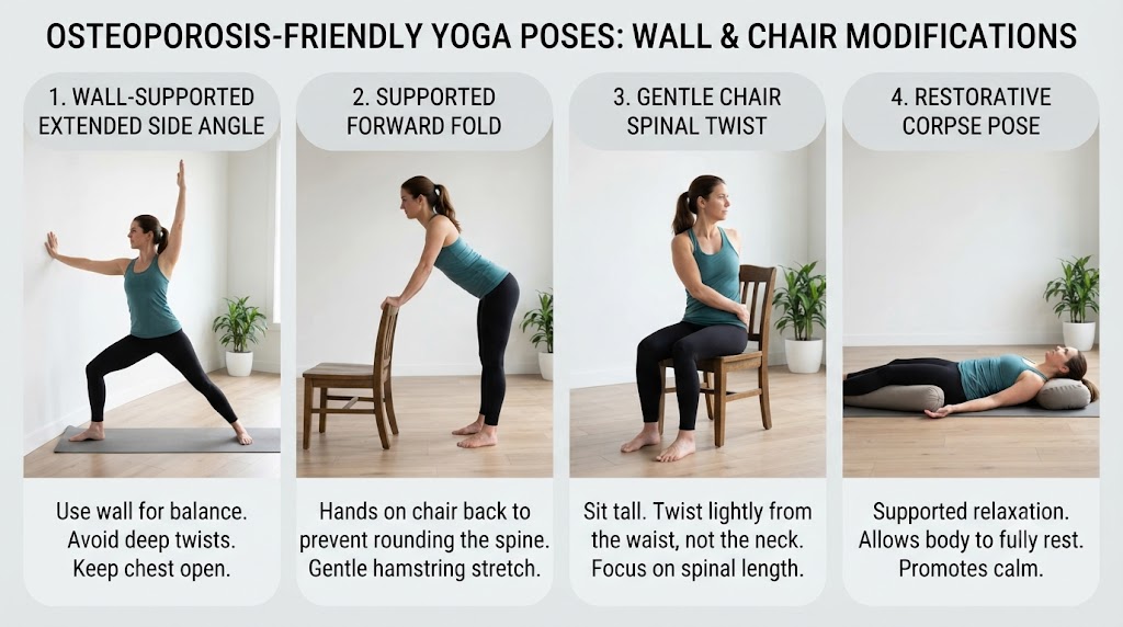 Practice safe yoga poses for osteoporosis with support