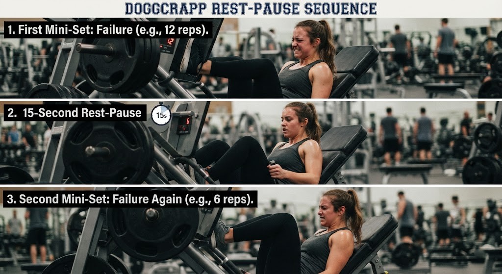 Perform Doggcrapp rest-pause training sequence for hypertrophy
