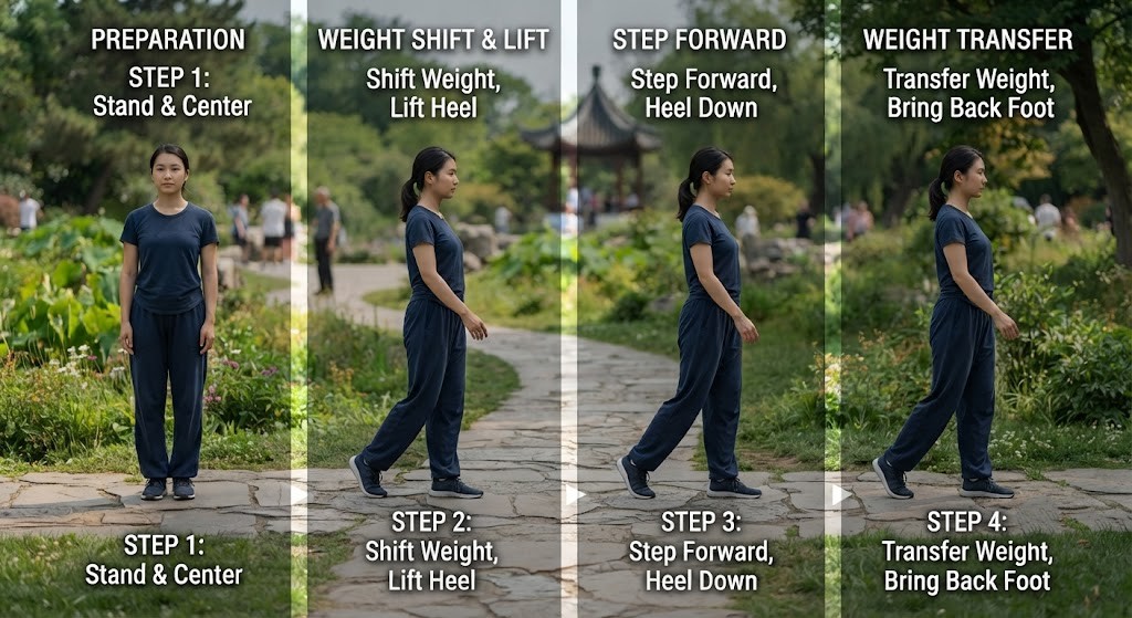 Perform Tai Chi walking steps for beginners