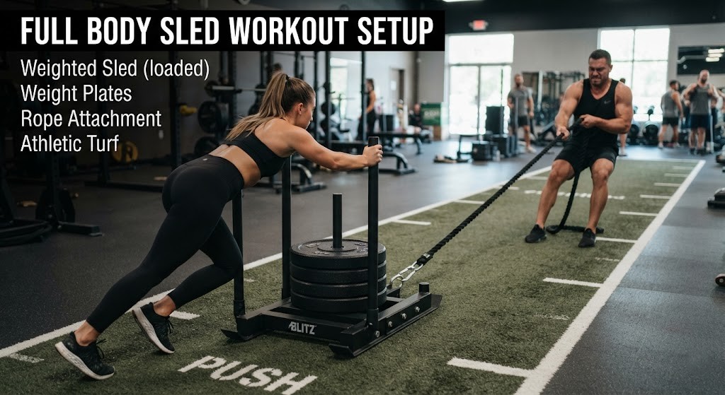 Set up a weighted sled for a full body sled workout