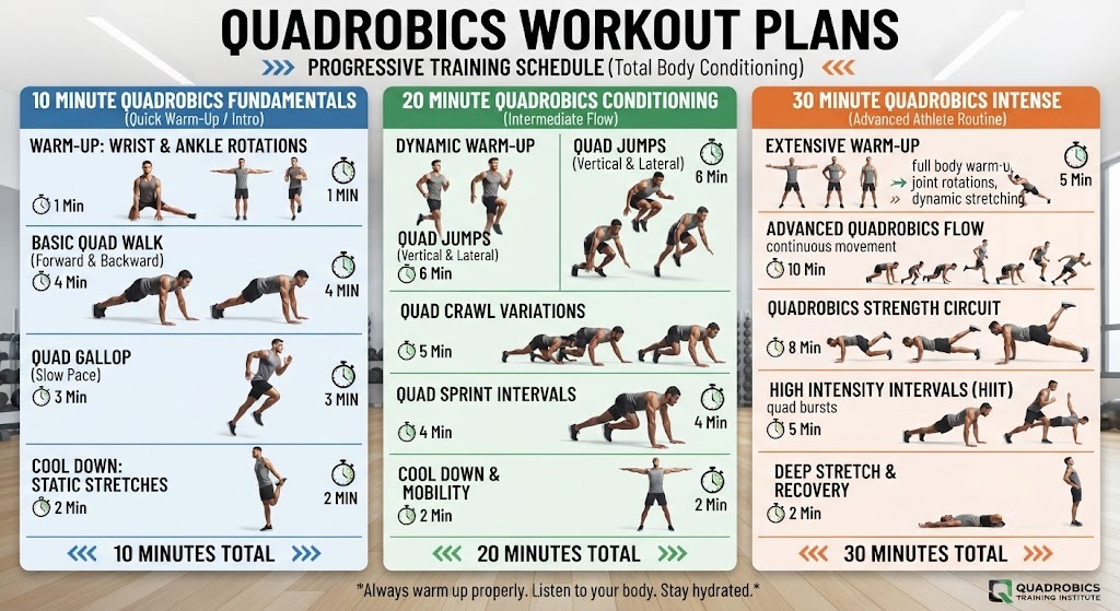 Follow 10 20 and 30 minute Quadrobics workout routines