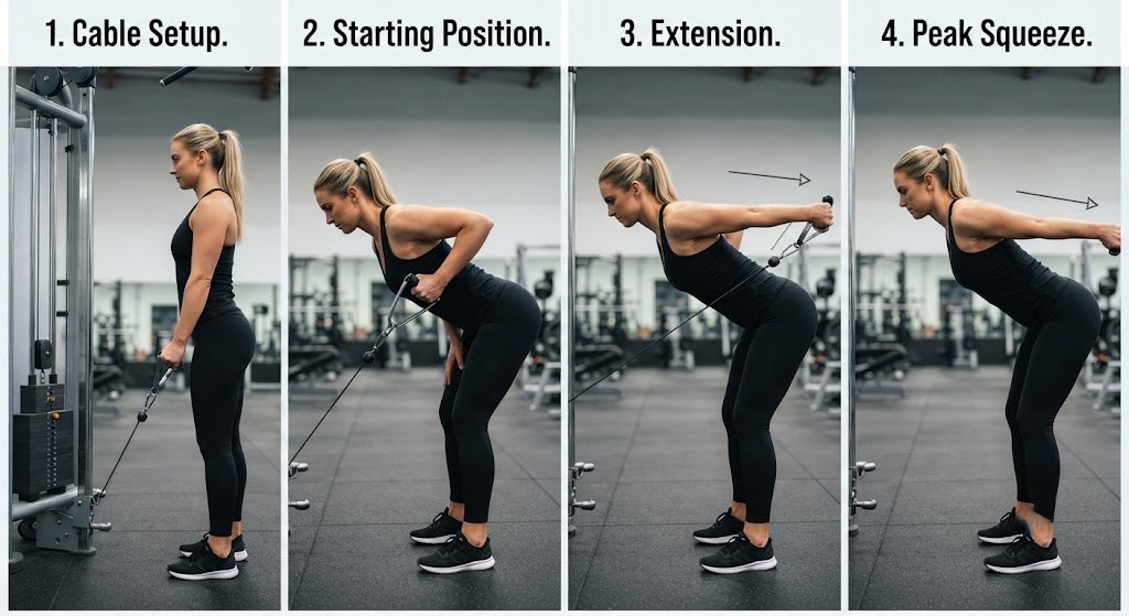 Perform cable triceps kickback with correct setup