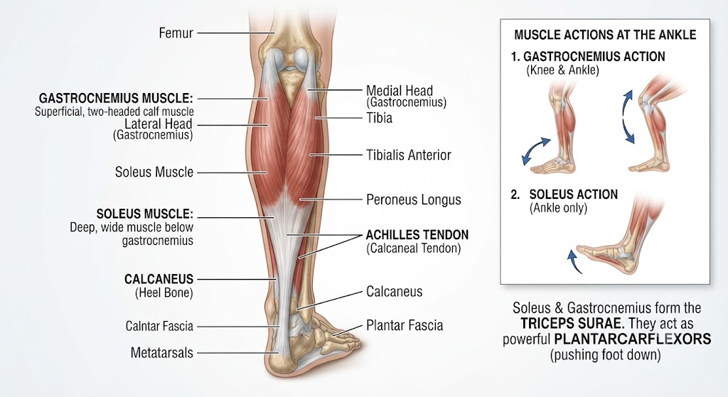 Compare soleus and gastrocnemius calf muscle anatomy