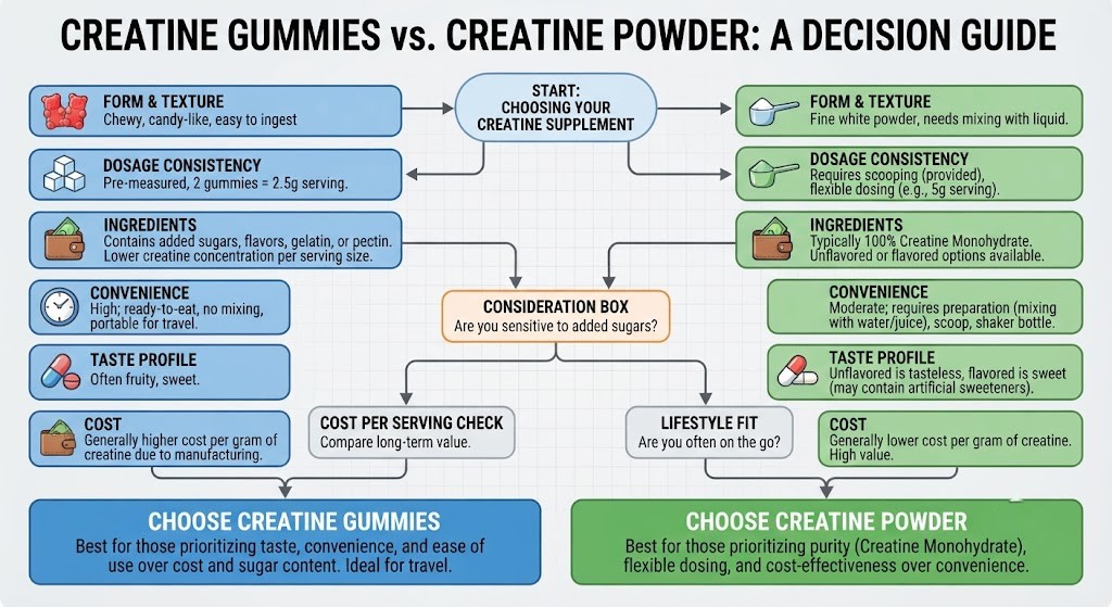 Choose between creatine gummies and powder based on dose, cost, and convenience