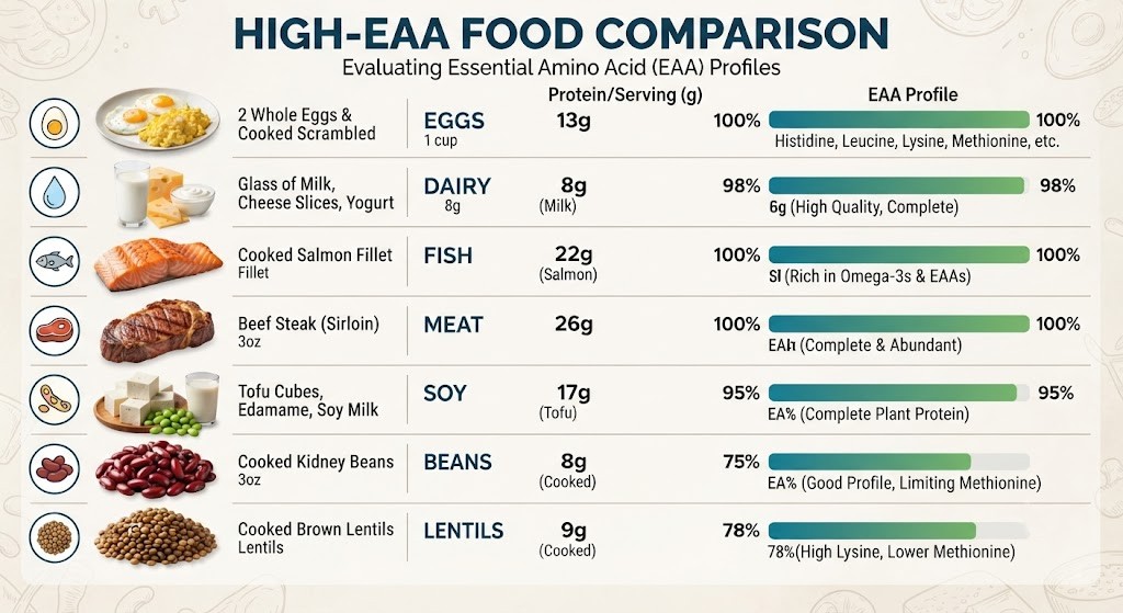 Compare foods high in essential amino acids