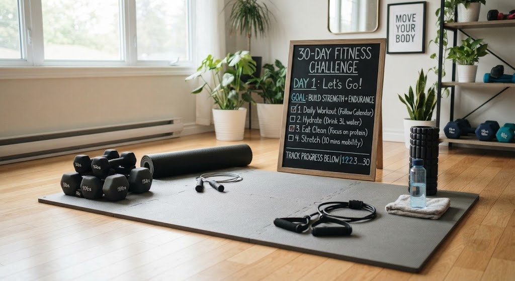 Set up home workout equipment for a 30-day weight loss challenge