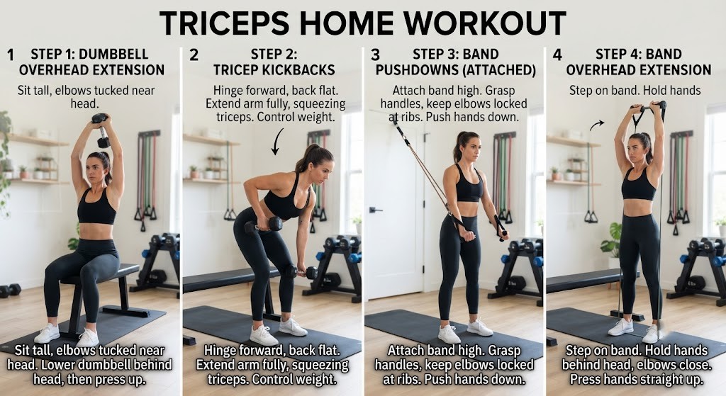 Perform triceps exercises at home with dumbbells