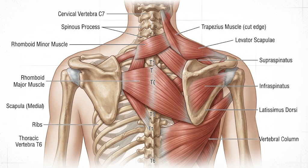 Identify rhomboid muscles between the shoulder blades