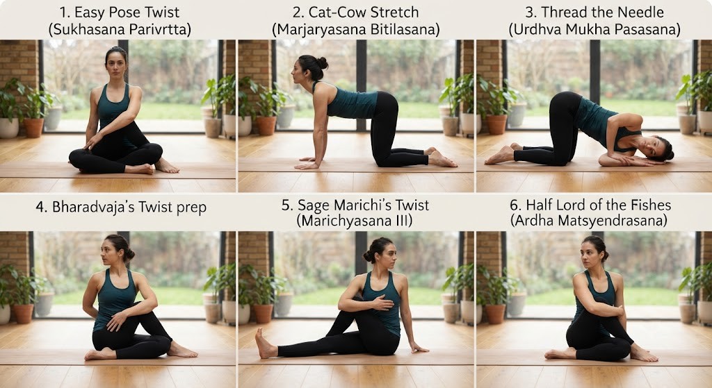 Practice yoga poses for thoracic rotation and upper back mobility