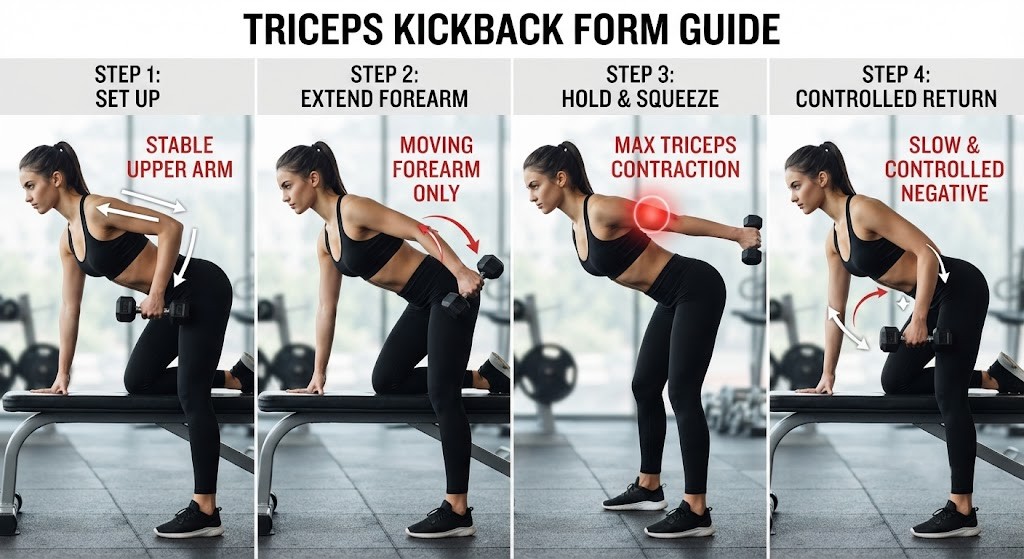 Show triceps kickback form and elbow movement