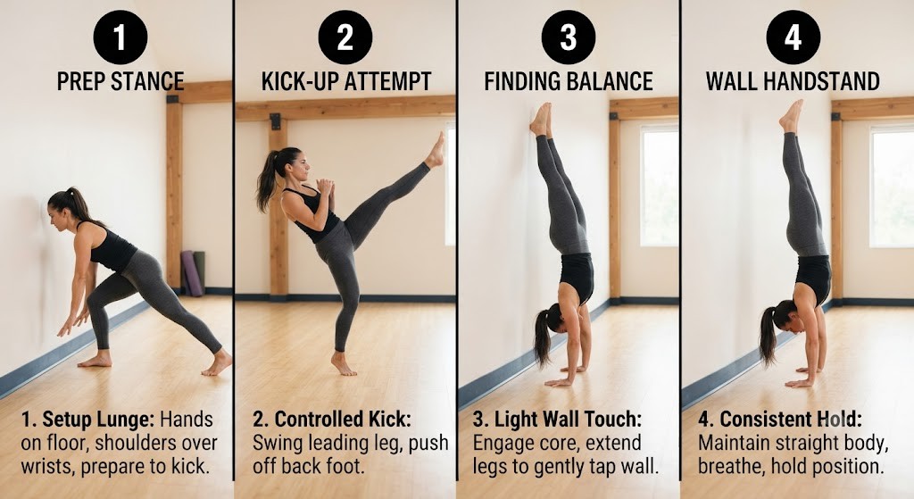 Practice wall handstand and controlled kick-up progression