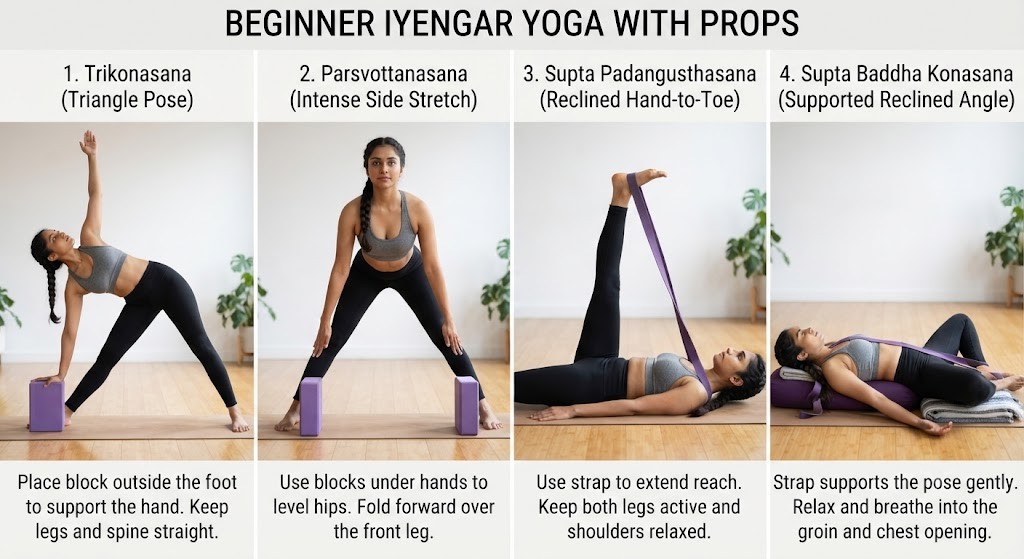 Use yoga blocks and straps for Iyengar Yoga beginners