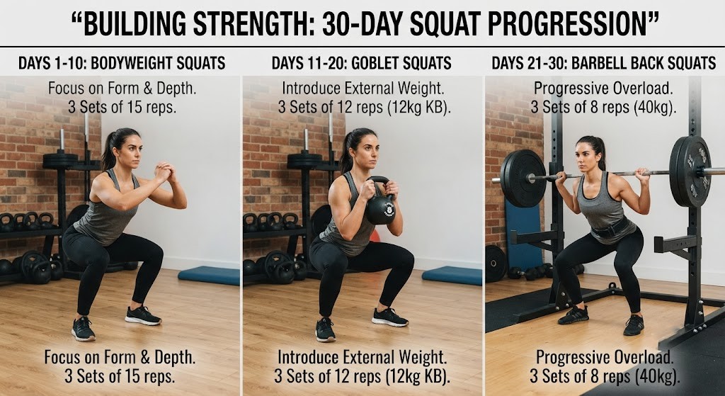 Track 30 day squat challenge progression from beginner to advanced