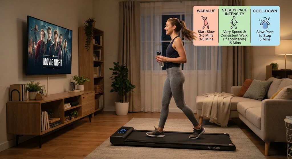 Walk on a compact walking pad at home