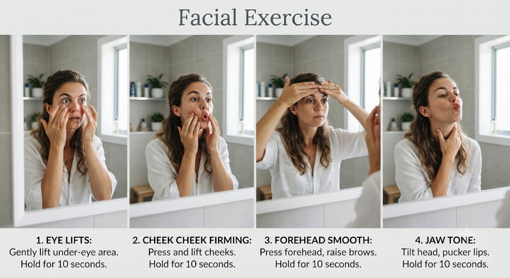 Perform facial exercises with correct posture in a mirror