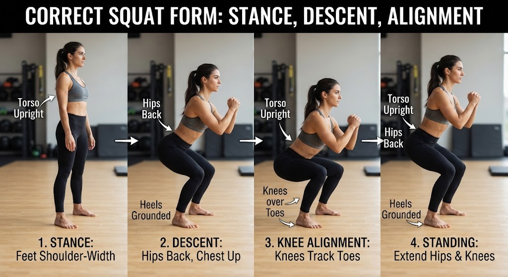 Perform proper squat form for a beginner workout