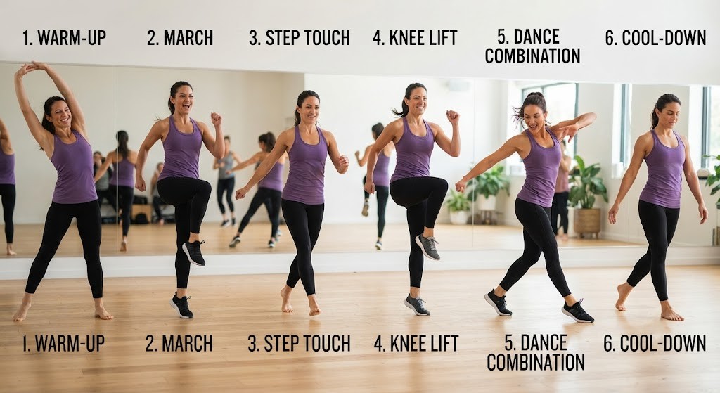 Follow a beginner dance walking workout sequence