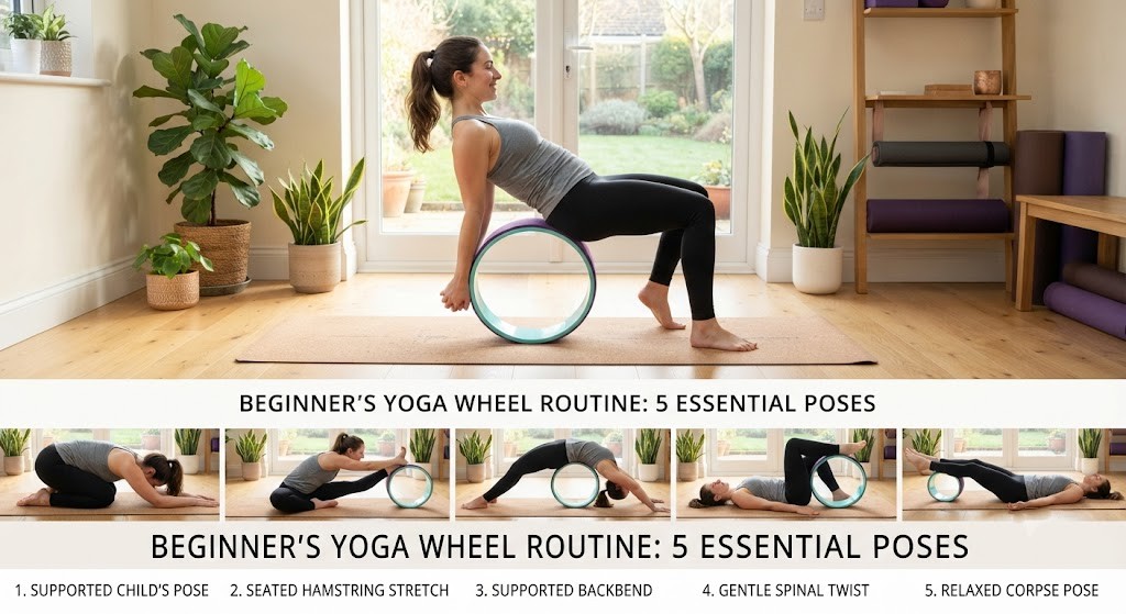 Perform beginner yoga wheel exercises safely at home