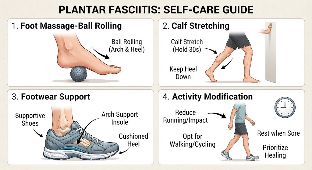 Use plantar fasciitis self-care strategies for foot pain relief