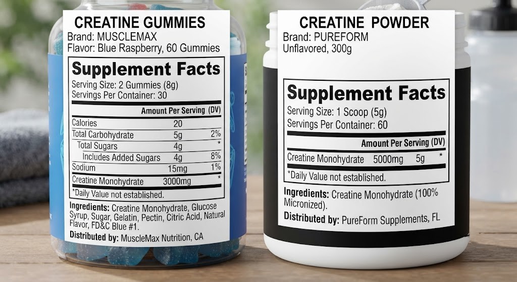 Compare creatine supplement labels for gummies and powder