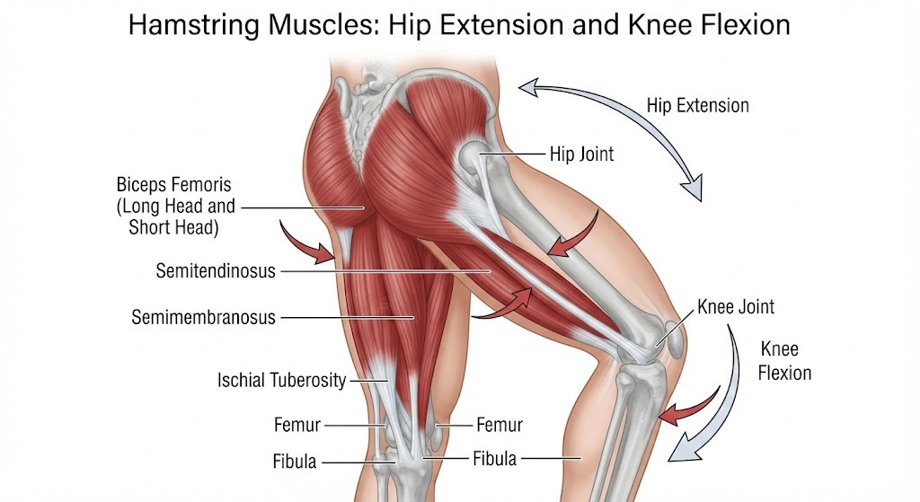 Identify the three hamstring muscles during yoga stretches