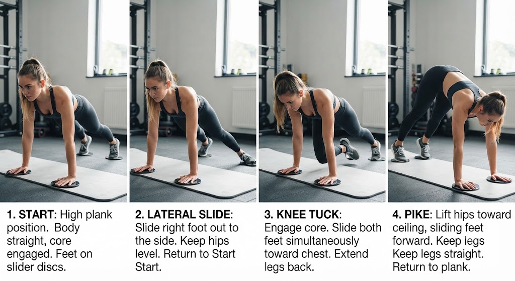 Demonstrate core slider discs during a plank