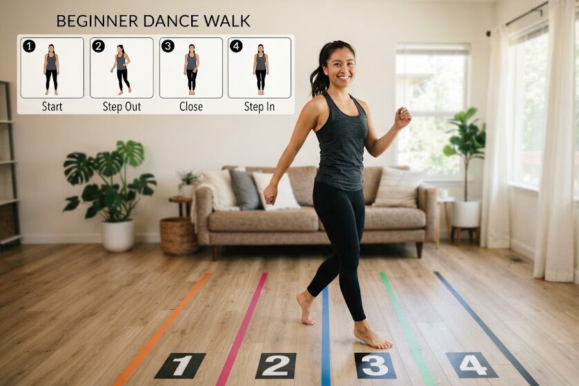 Perform a dance walking workout at home in a small space