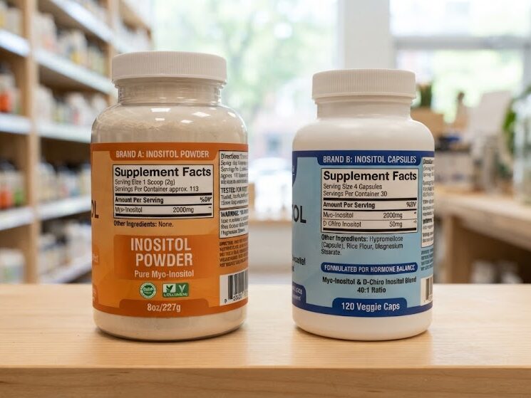 Compare inositol supplement labels for form and serving information