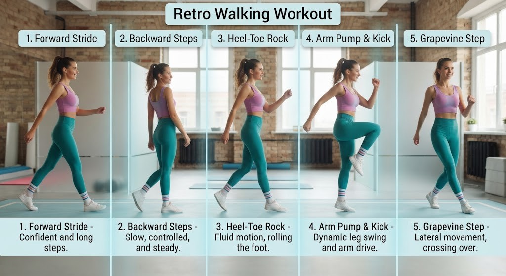 Follow retro walking workout movement patterns at home