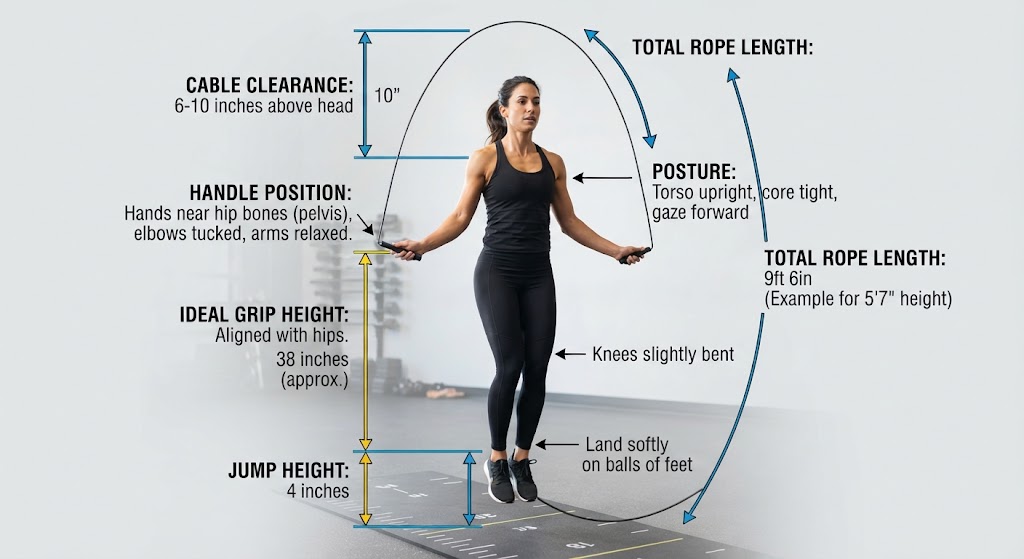 Measure adjustable jump rope length for proper jumping technique