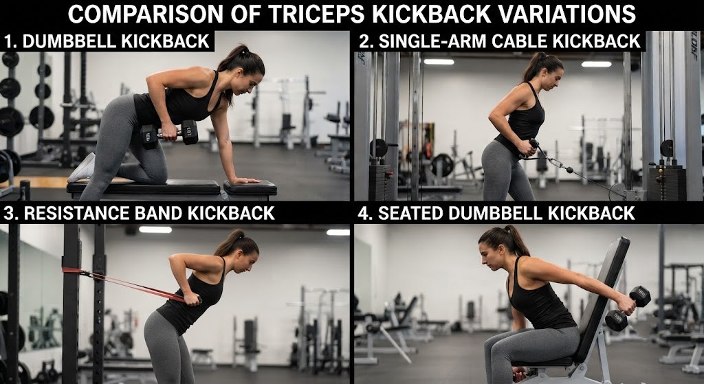 Compare triceps kickback variations for home and gym workouts