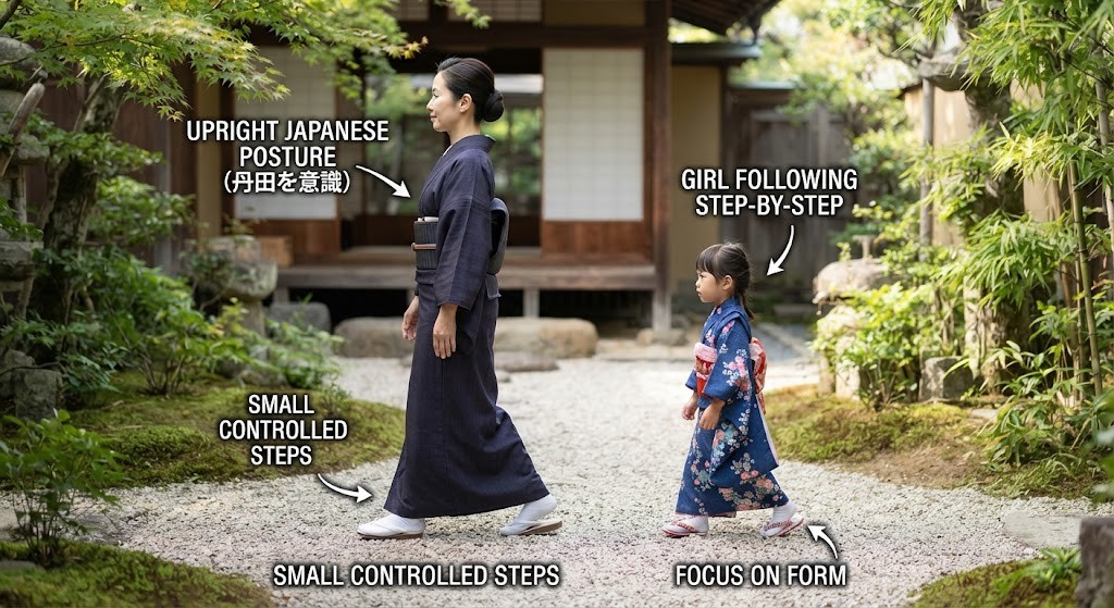 Demonstrate Japanese walking technique posture for beginners