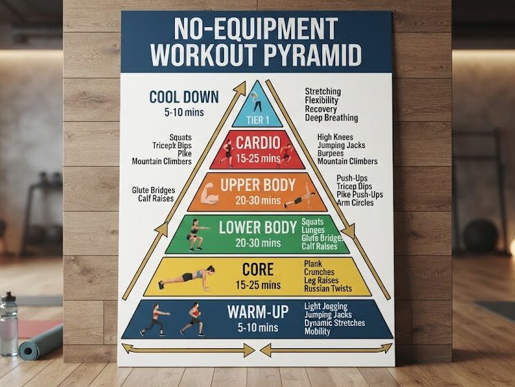 showing warm-up → lower body → upper body → core → cardio → cooldown