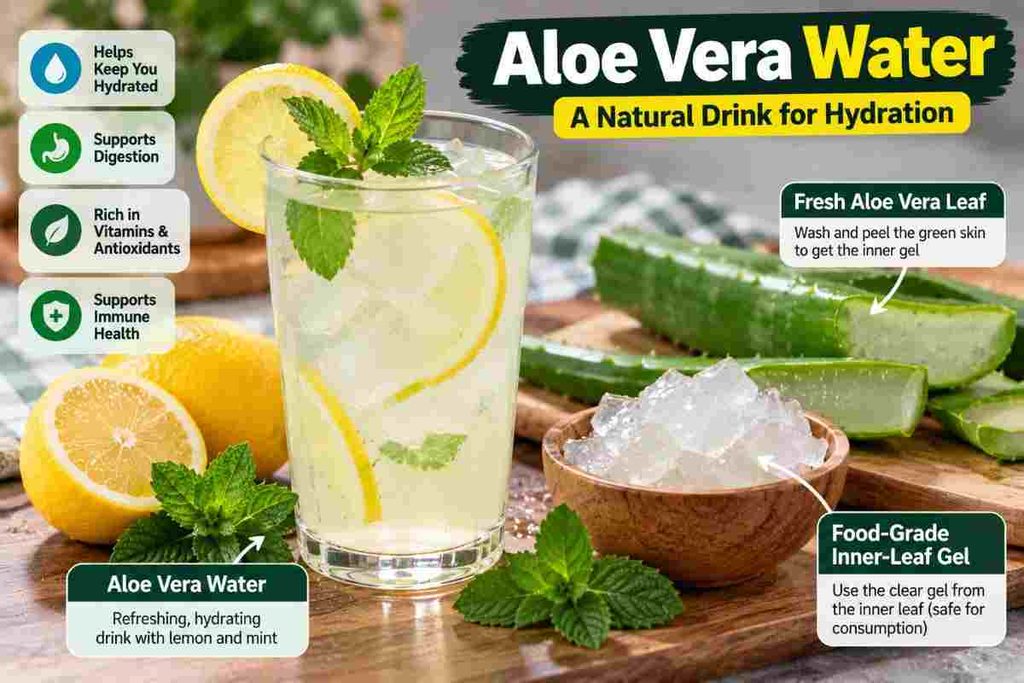 Prepare aloe vera water for hydration with lemon and mint