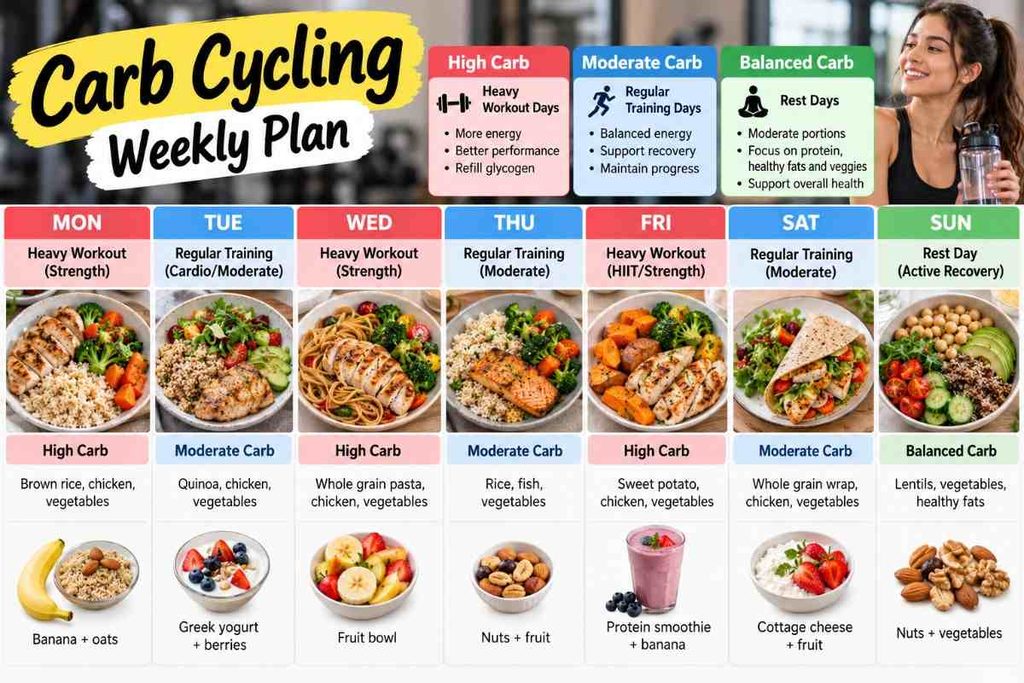 Weekly carb cycling schedule matching carbohydrate intake to workout intensity