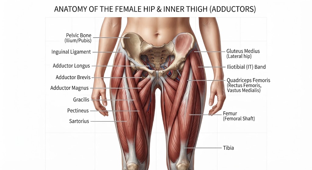 Identify adductor muscles for yoga groin flexibility