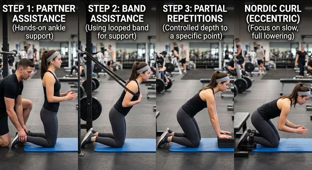 Practice assisted Nordic hamstring curls for beginners