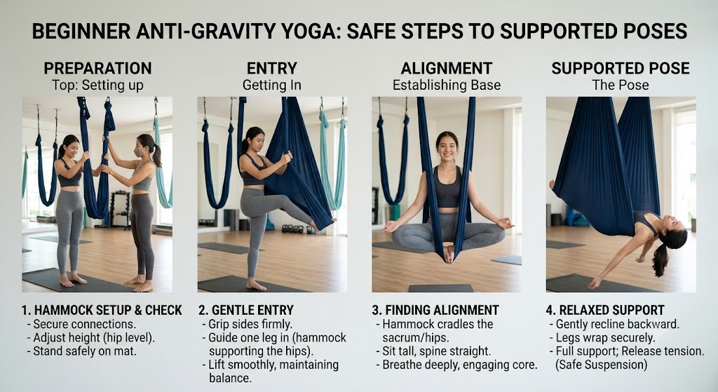 Practise anti gravity yoga poses safely in a beginner class