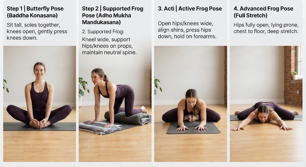 Progress through yoga poses for groin flexibility safely