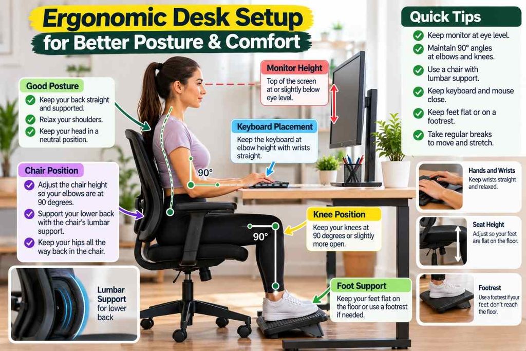 Ergonomic desk setup showing monitor height, chair position, keyboard placement, and foot support