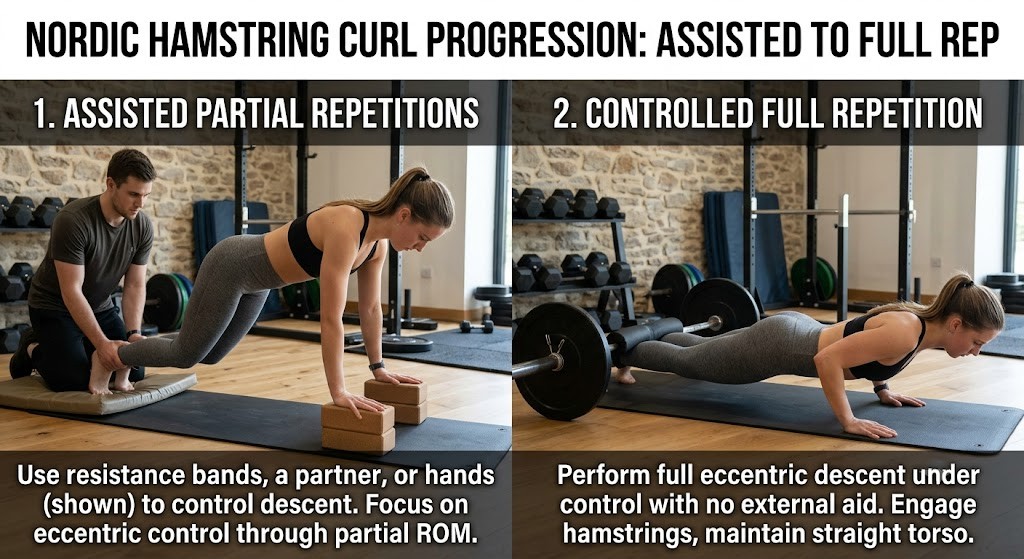Progress from assisted Nordic hamstring curls to full repetitions