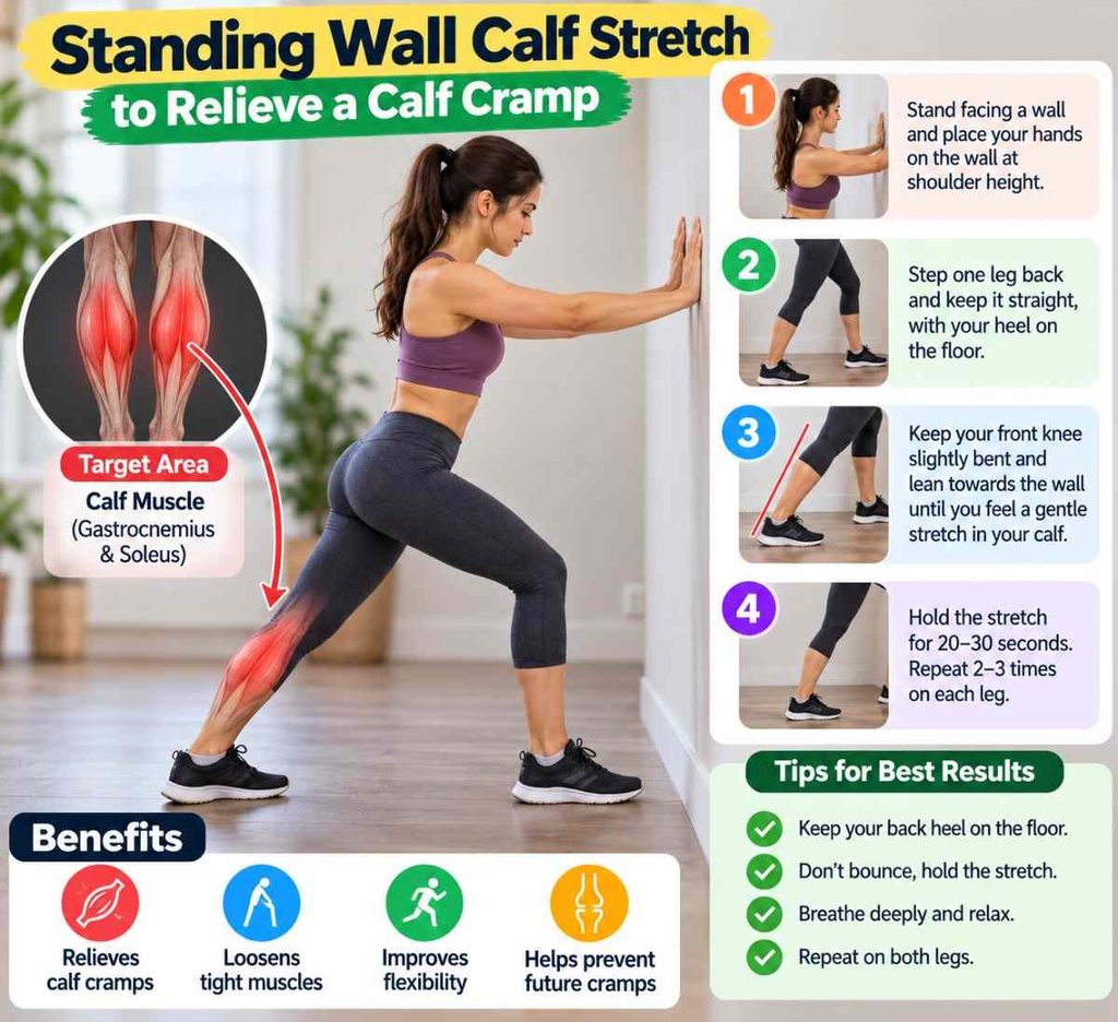 Demonstrate a calf stretch for muscle cramping during exercise