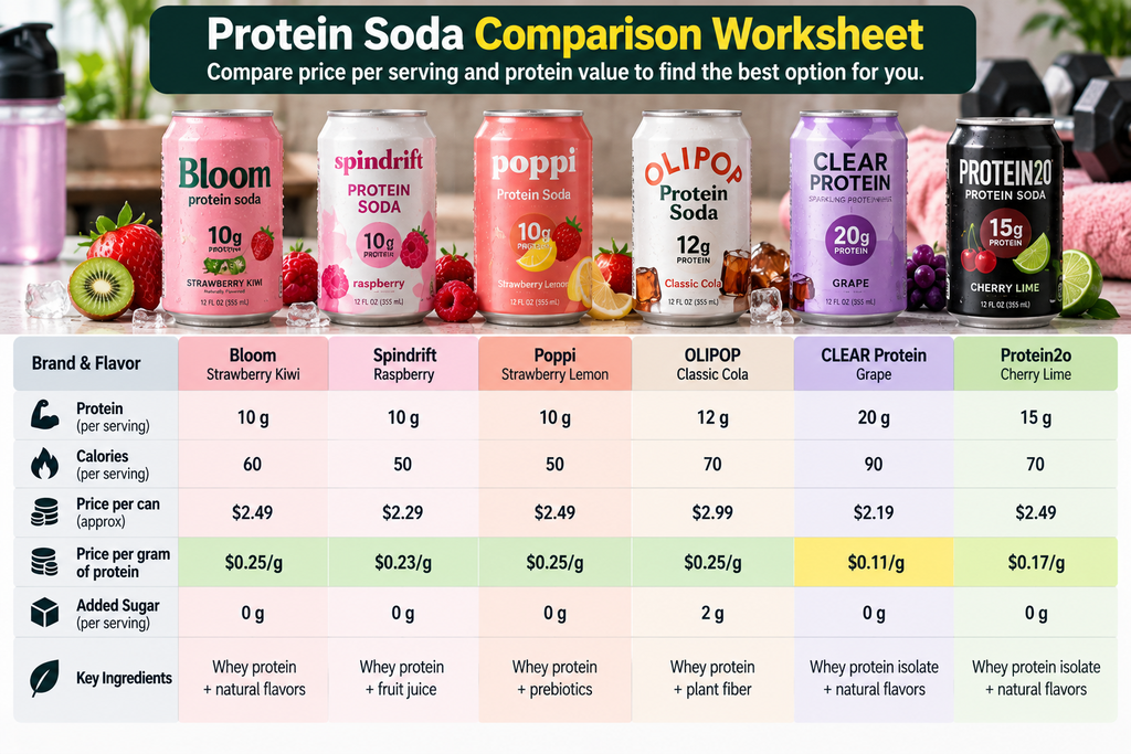 Compare protein soda cost and protein content for fitness goals