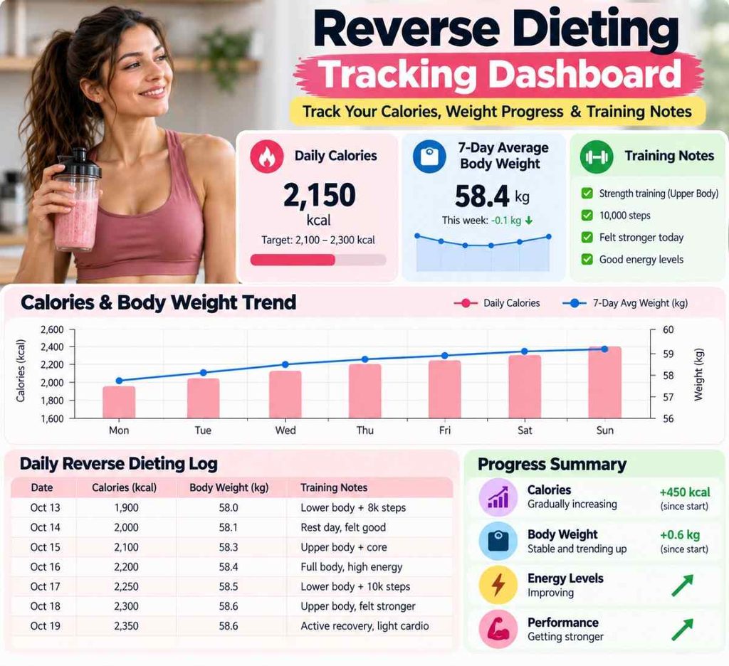 Track reverse dieting calories and weekly weight trends