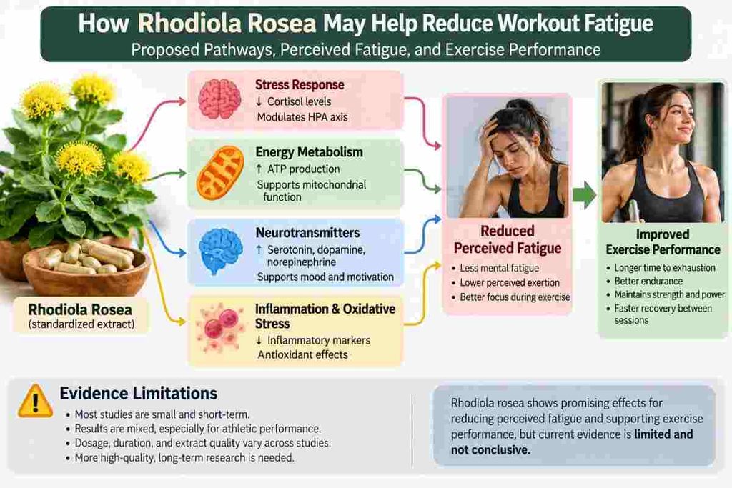 Explain proposed Rhodiola rosea effects on workout fatigue