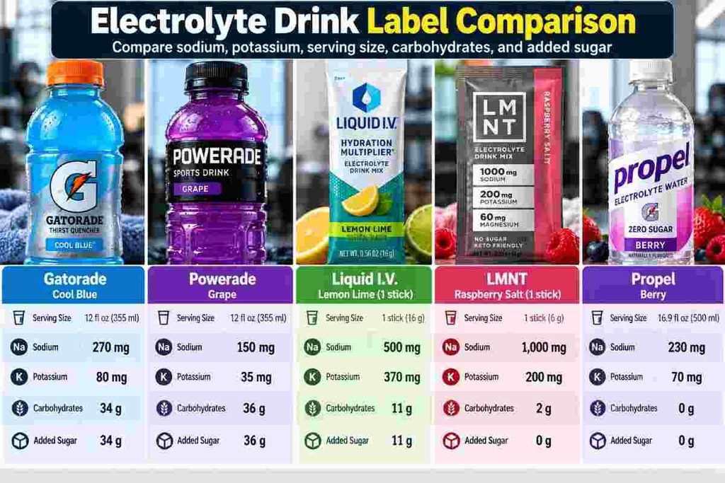 Compare electrolyte drink labels for workout hydration
