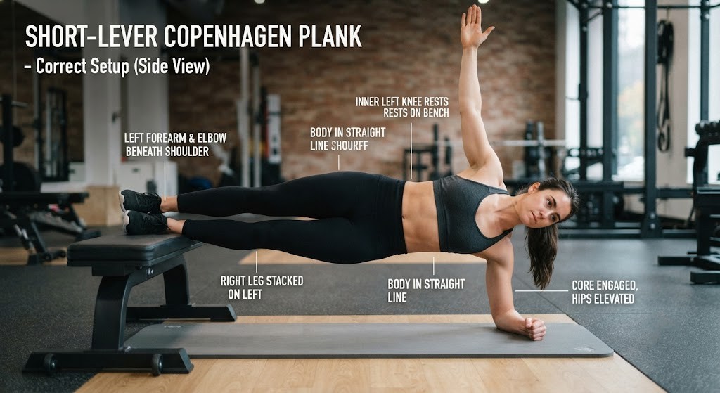Perform a Copenhagen plank with correct alignment