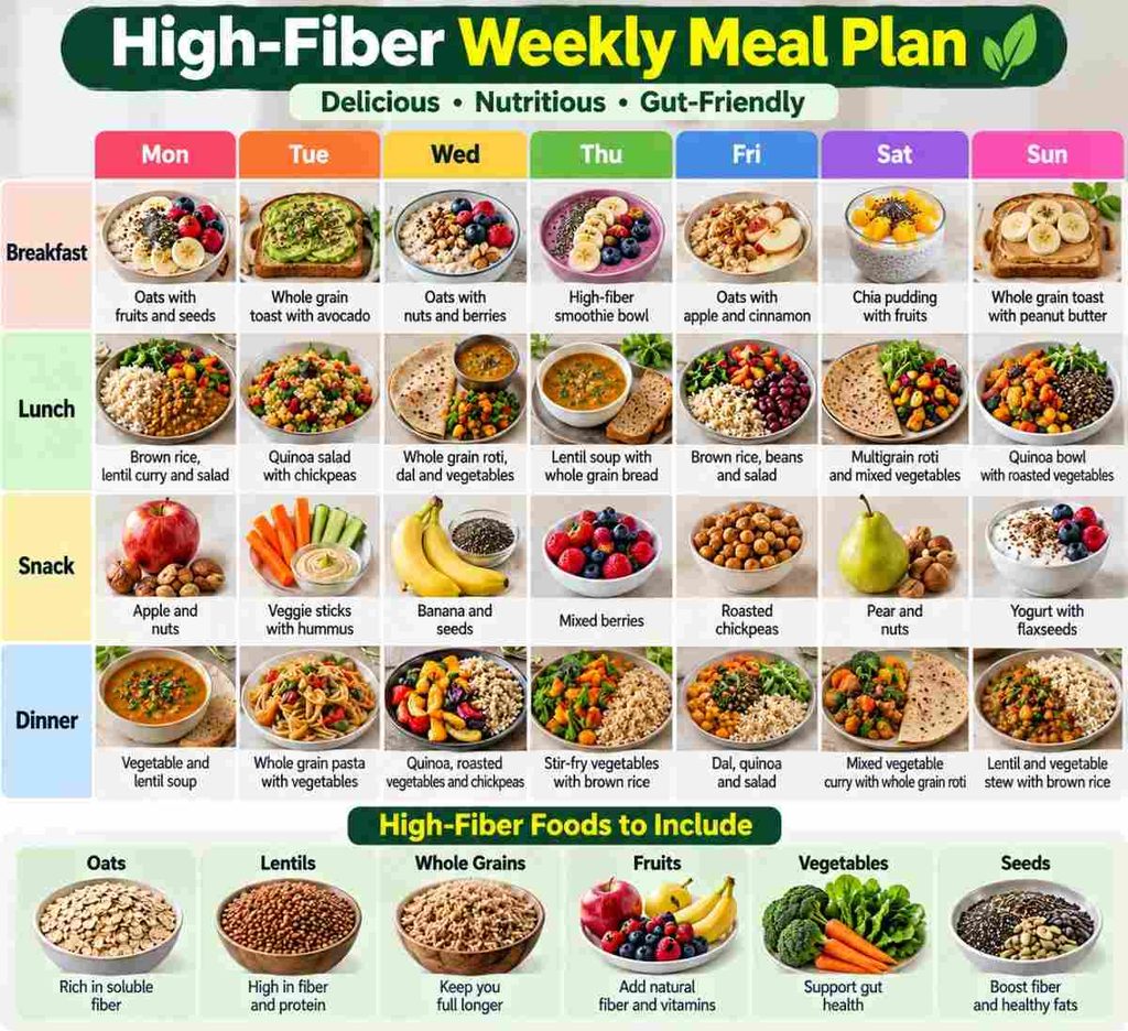 Plan a balanced high-fiber meal routine for the week