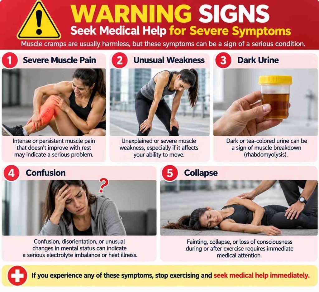 Recognize warning signs associated with severe muscle cramping during exercise