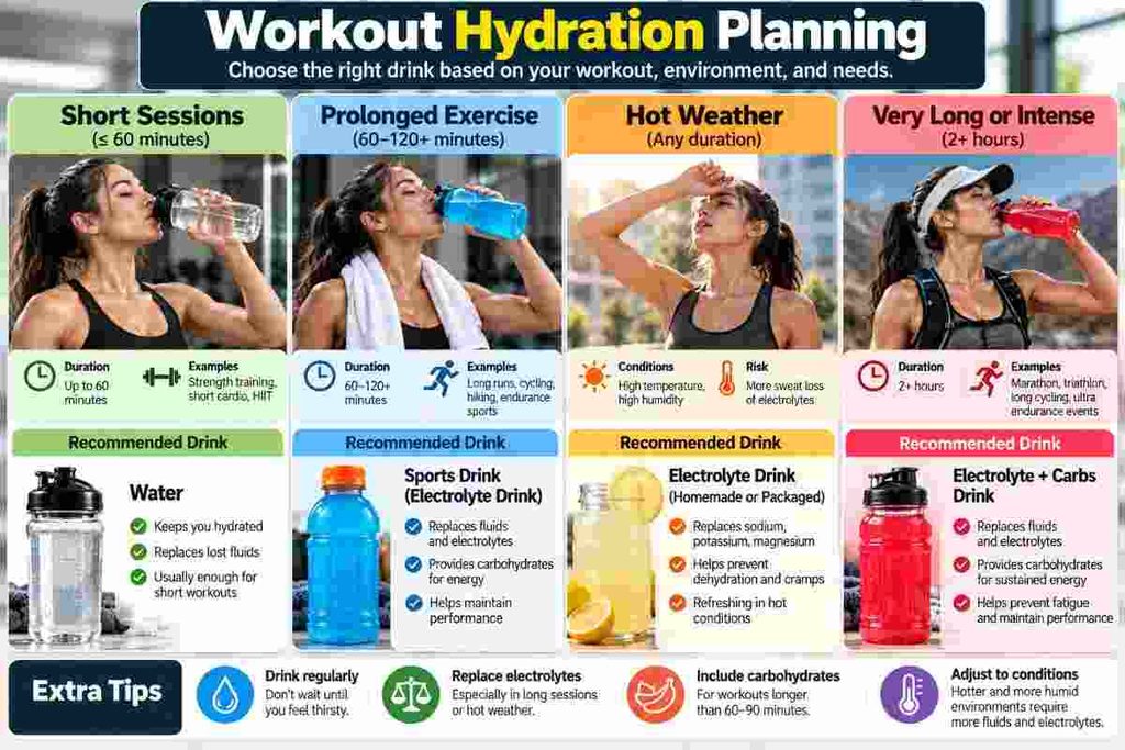 Choose electrolyte drinks based on workout duration and sweat losses